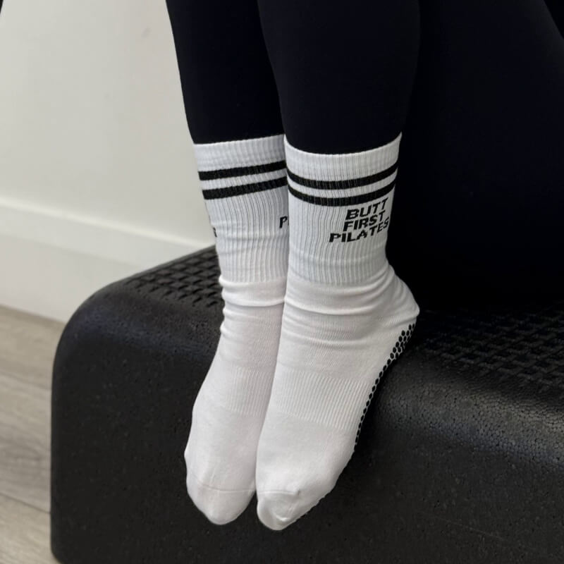 "Butt First Pilates" Crew Length Grip Socks